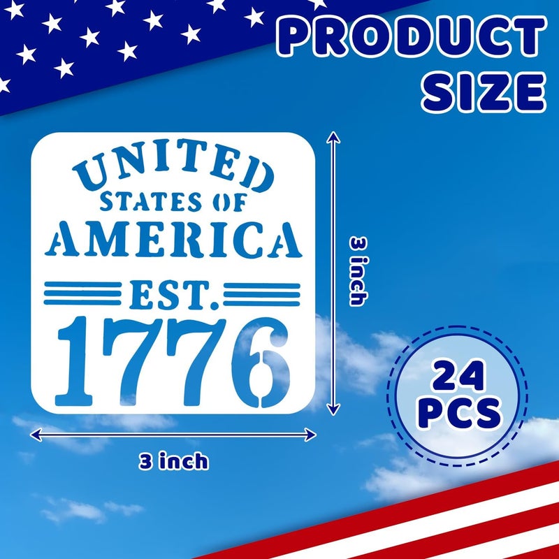Resflyar Patriotic Stencils, 24 PCS Reusable 4th of July Stencils Independence Day Templates for Painting American Flag Scrapbooking Wall Floor Home Decor DIY Rock Painting Art Projects 3 x 3 Inch - Image 2